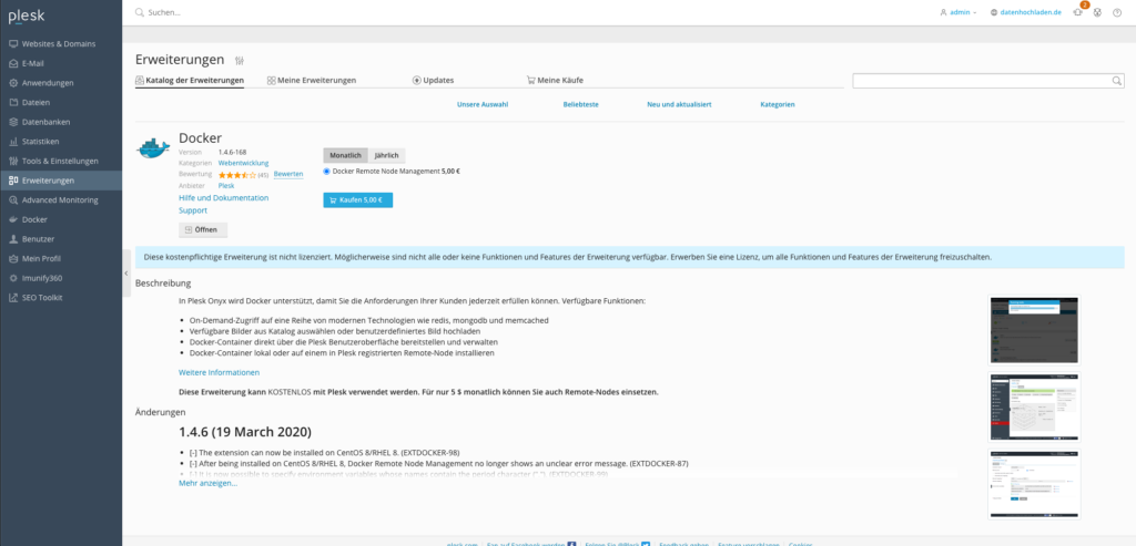 Docker auf Plesk installieren - Schritt 1